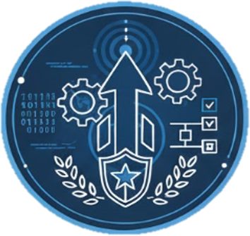 Graphic of a rocket shuttle with gears, binary code, and checkboxes, symbolizing technology and innovation.