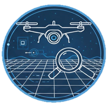 Digital illustration of a drone flying over a grid-patterned surface with a magnifying glass in the foreground and starry sky in the background.