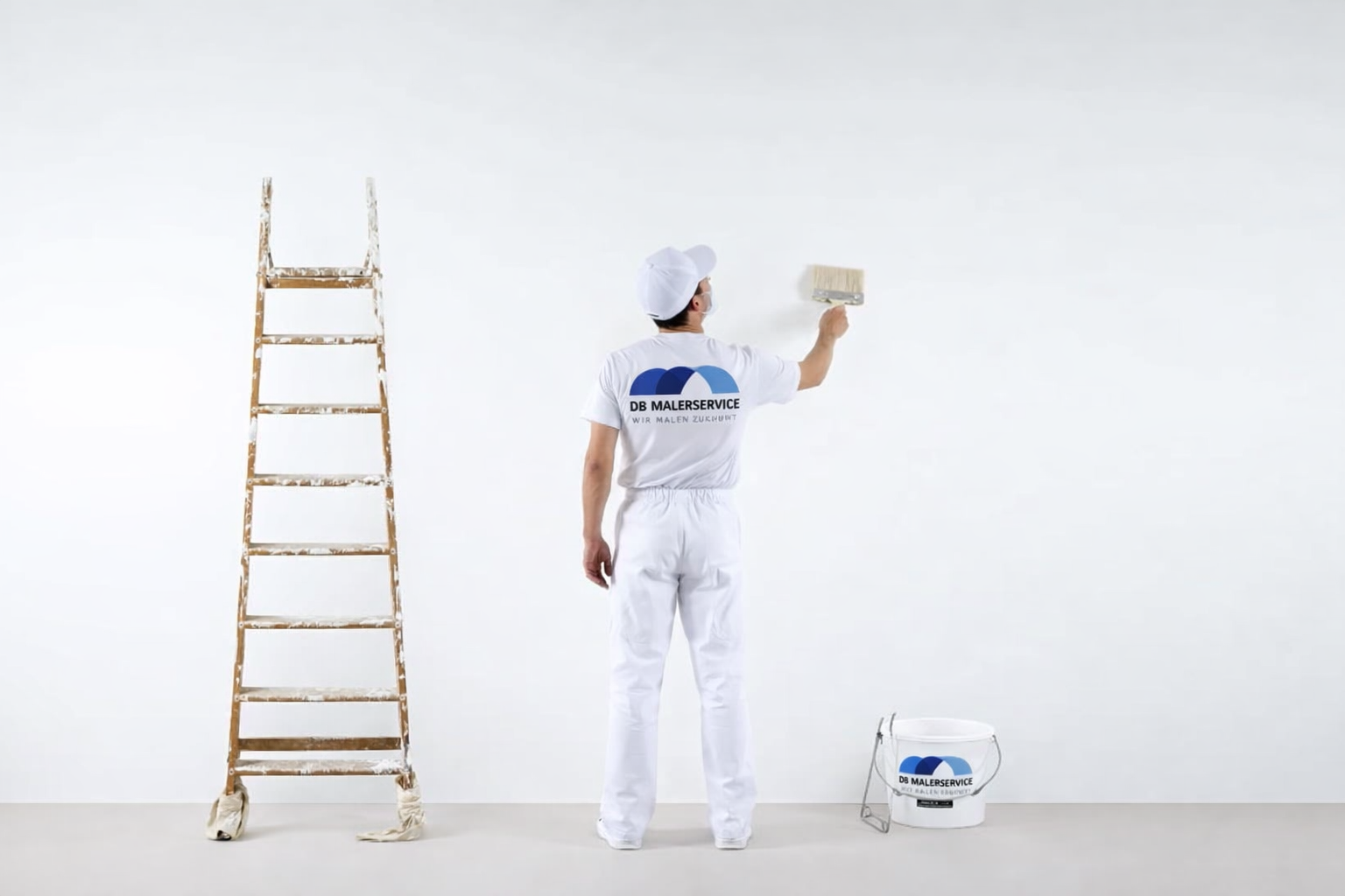 Person painting a white wall with a paintbrush, wearing white clothing and a cap, with ladder and paint bucket beside them.