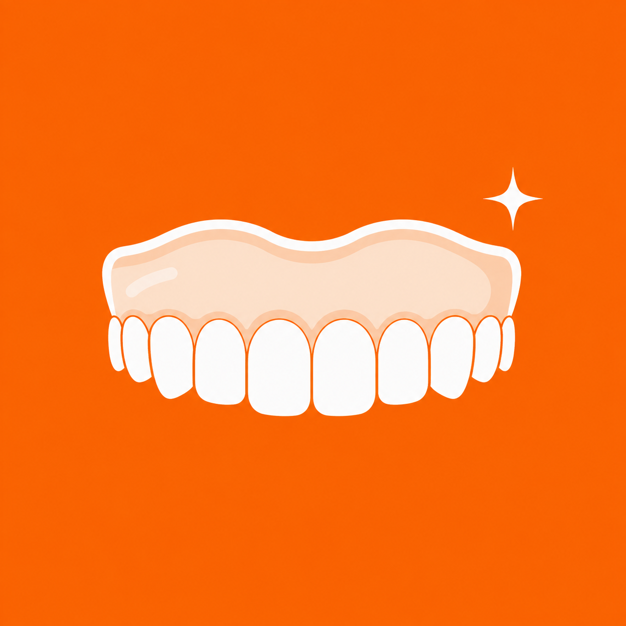 Digital illustration of a set of white teeth with braces and a bright orange background, featuring a shining star to the right.
