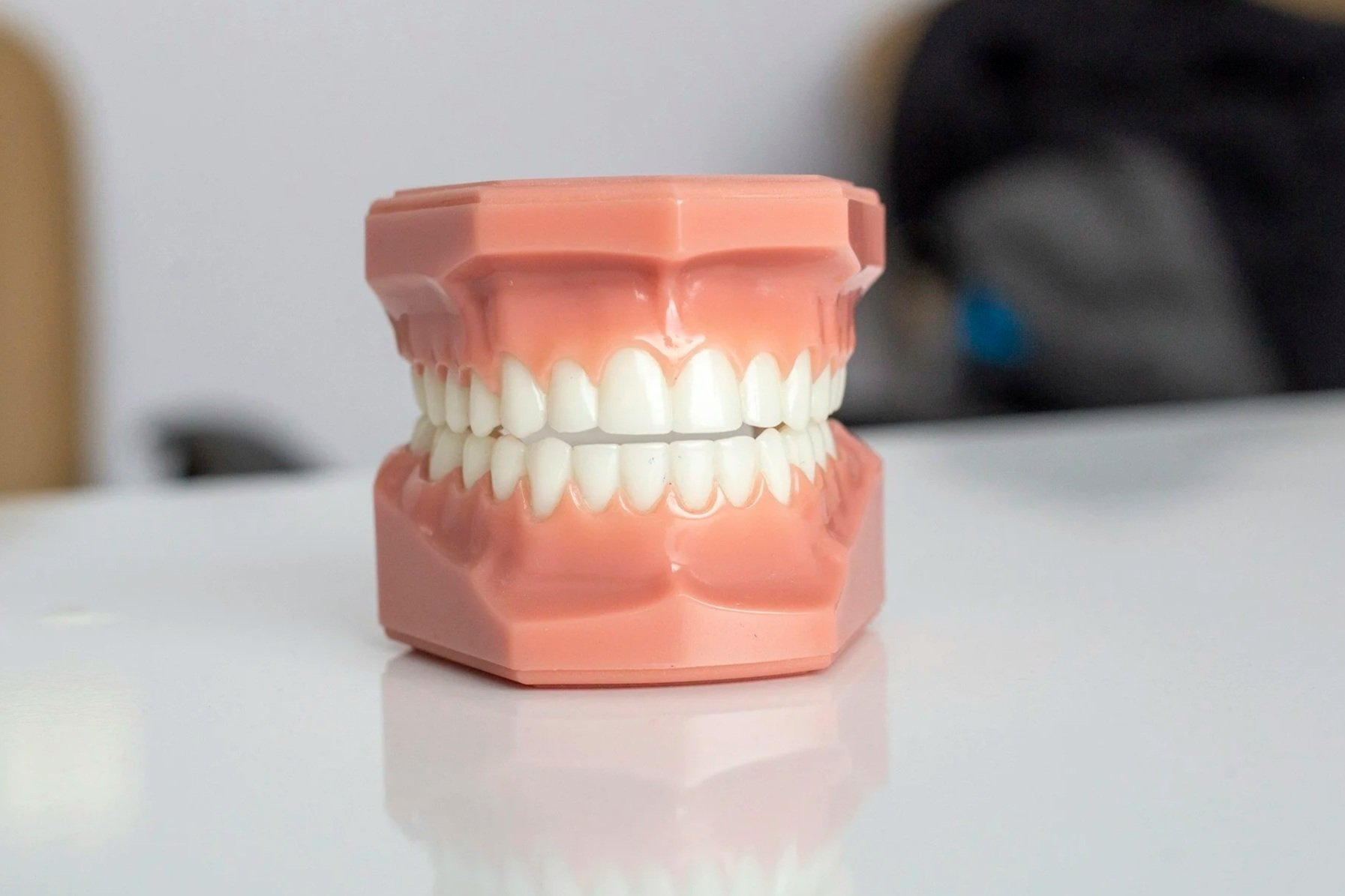 A dental model with realistic teeth and gums, placed on a white surface. In the background, there is a blurred black object.