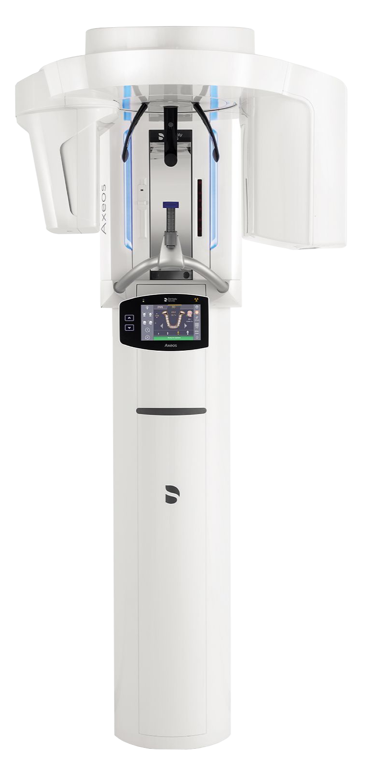A panoramic dental 3D imaging machine in a medical setting with a digital display showing dental scan data.