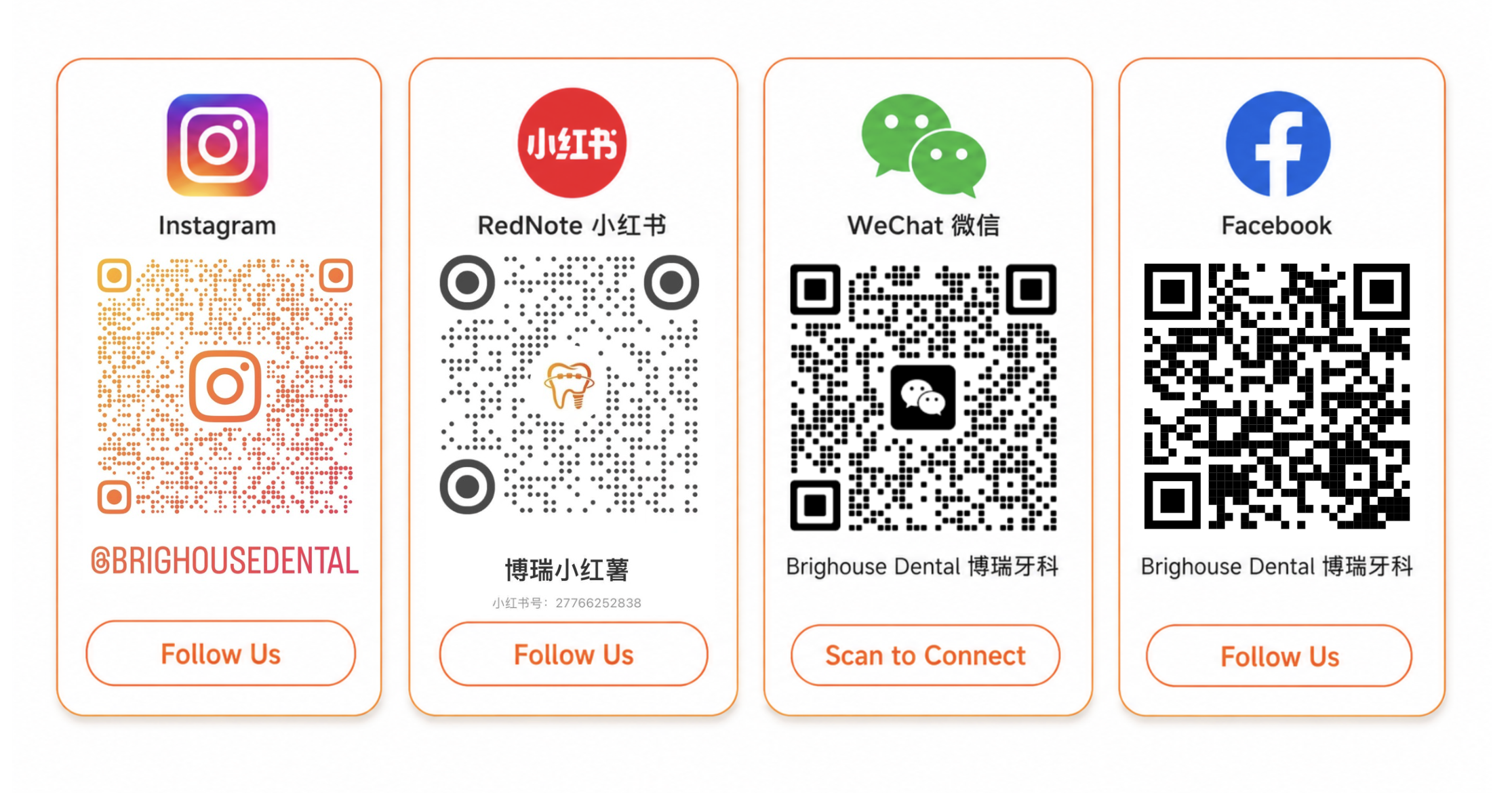 Collection of four social media QR code cards for Instagram, RedNote, WeChat, and Facebook, with respective icons, labels, and follow prompts.