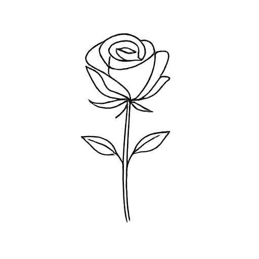 A line drawing of a rose with leaves on a gray background.