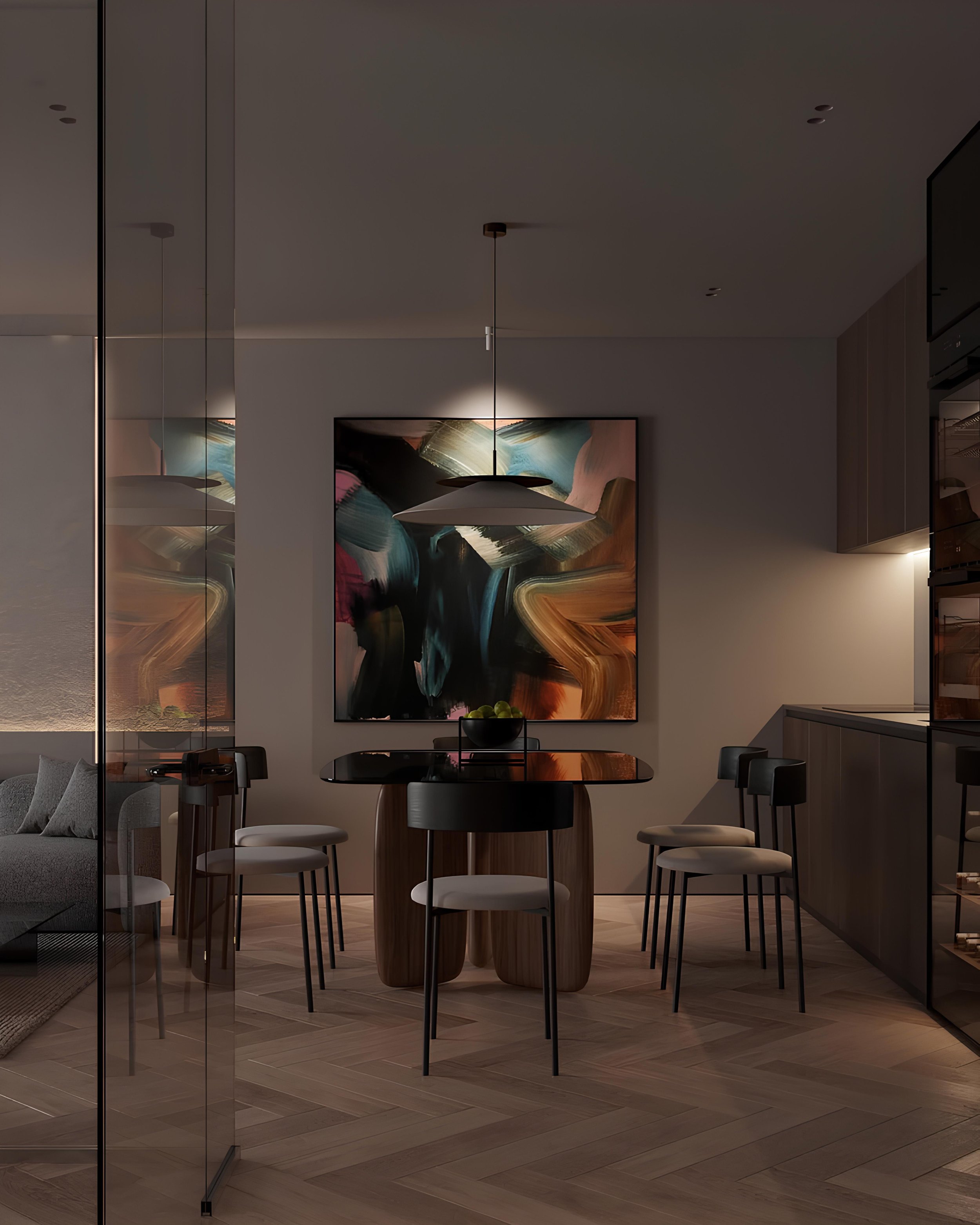 Une salle à manger moderne avec un tableau abstrait, une table ronde en bois noir, six chaises avec assises blanches, un luminaire suspendu et un mur en gris clair. Décor élégant et minimaliste.