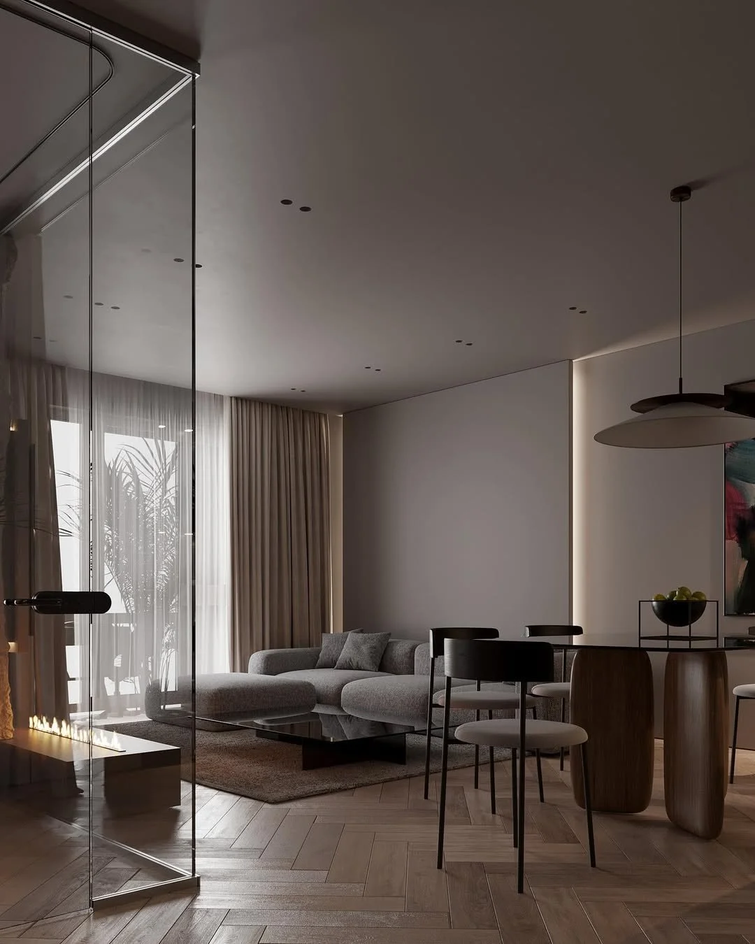 Salon moderne avec canapé gris, table basse noire, grande fenêtre avec rideaux, table à manger en bois avec chaises, luminaire suspendu, décoration minimaliste, plancher en bois.