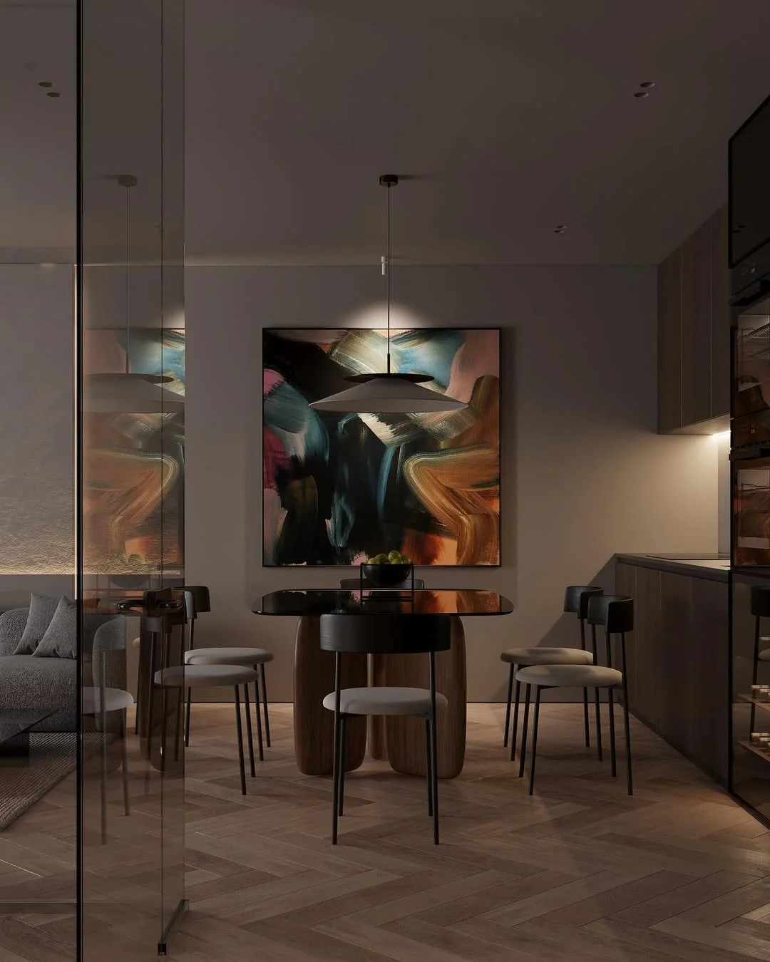 Salle à manger moderne avec un tableau abstrait, une lampe suspendue, une table en bois foncé, six chaises avec siège blanc, et un sol en bois en chevron.