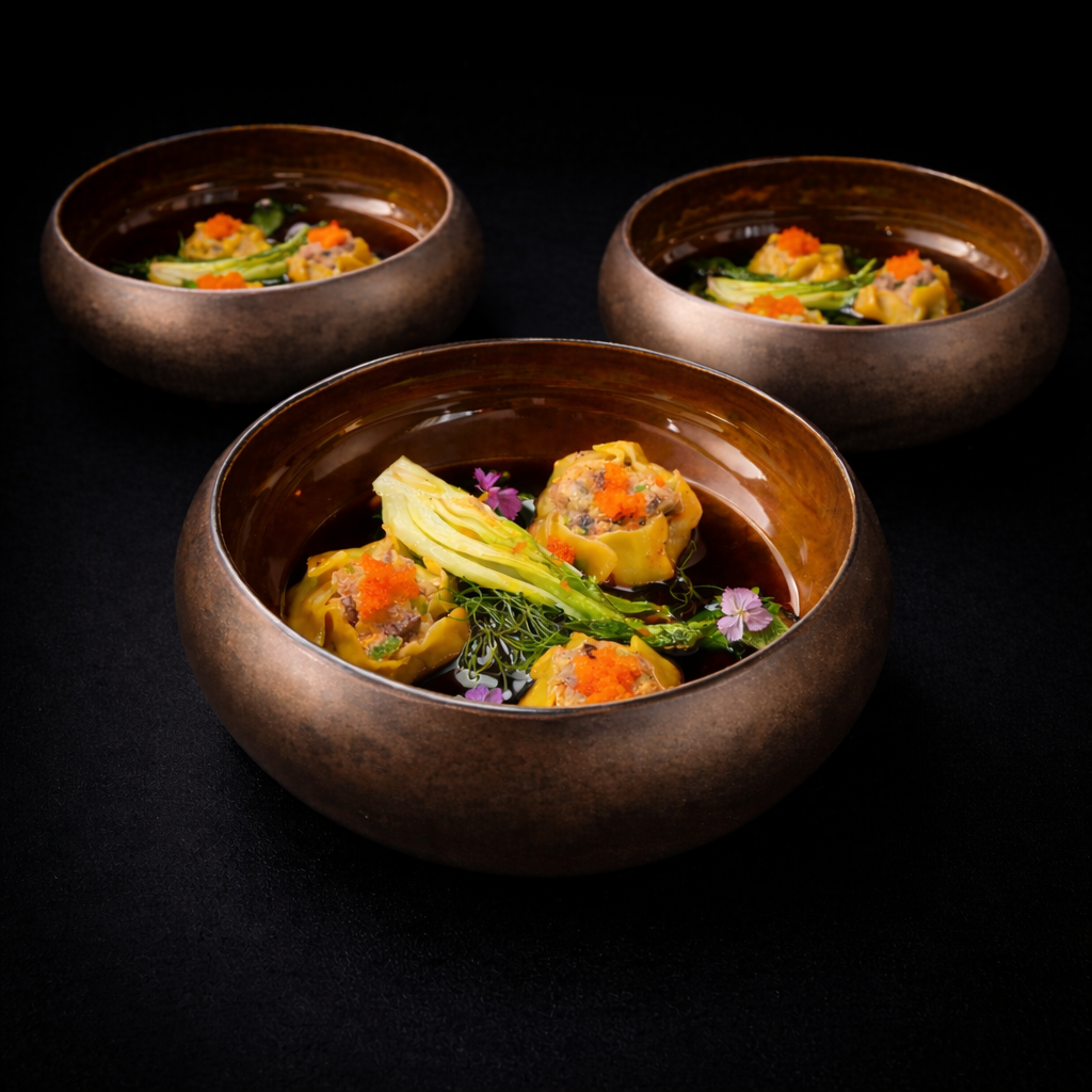 Three dark brown bowls with gourmet dumplings, garnished with orange fish roe, fresh green herbs, and edible flowers, on a black background.