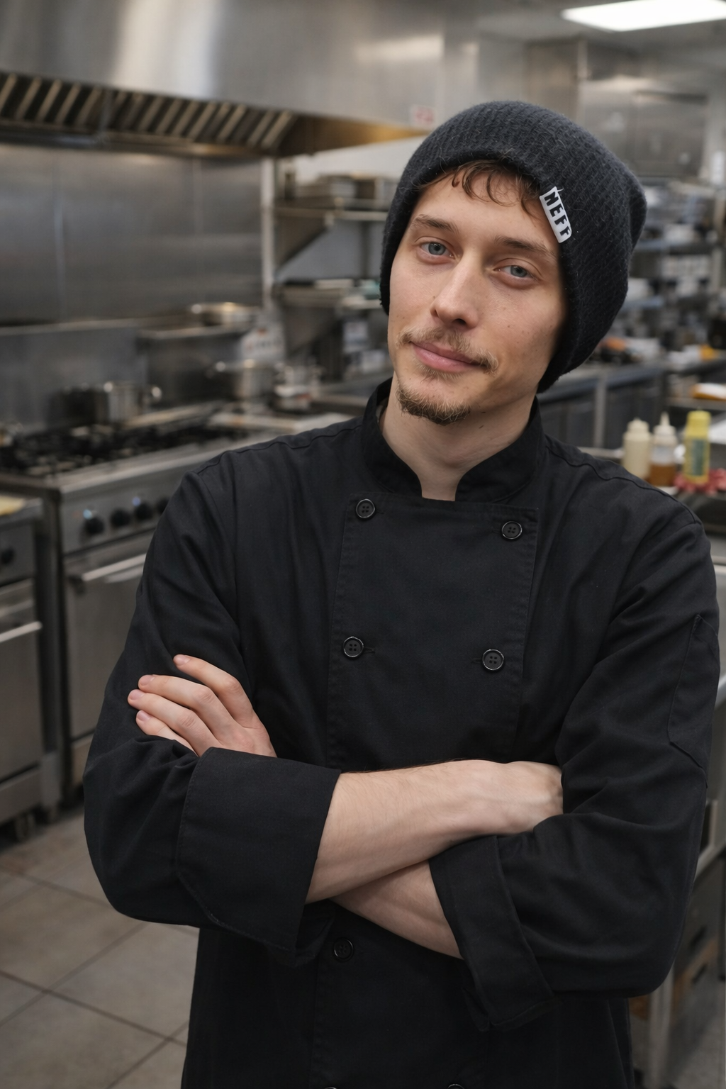 A young male chef in a black uniform and beanie hat standing with arms crossed in a commercial kitchen.