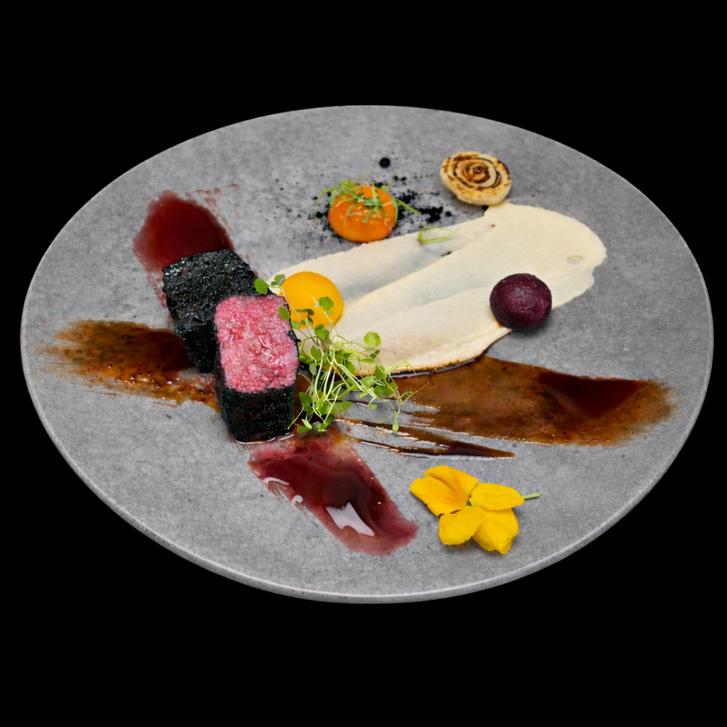 Elegant gourmet dish with seared beef, colorful vegetables, sauces, and edible flowers on a gray plate.