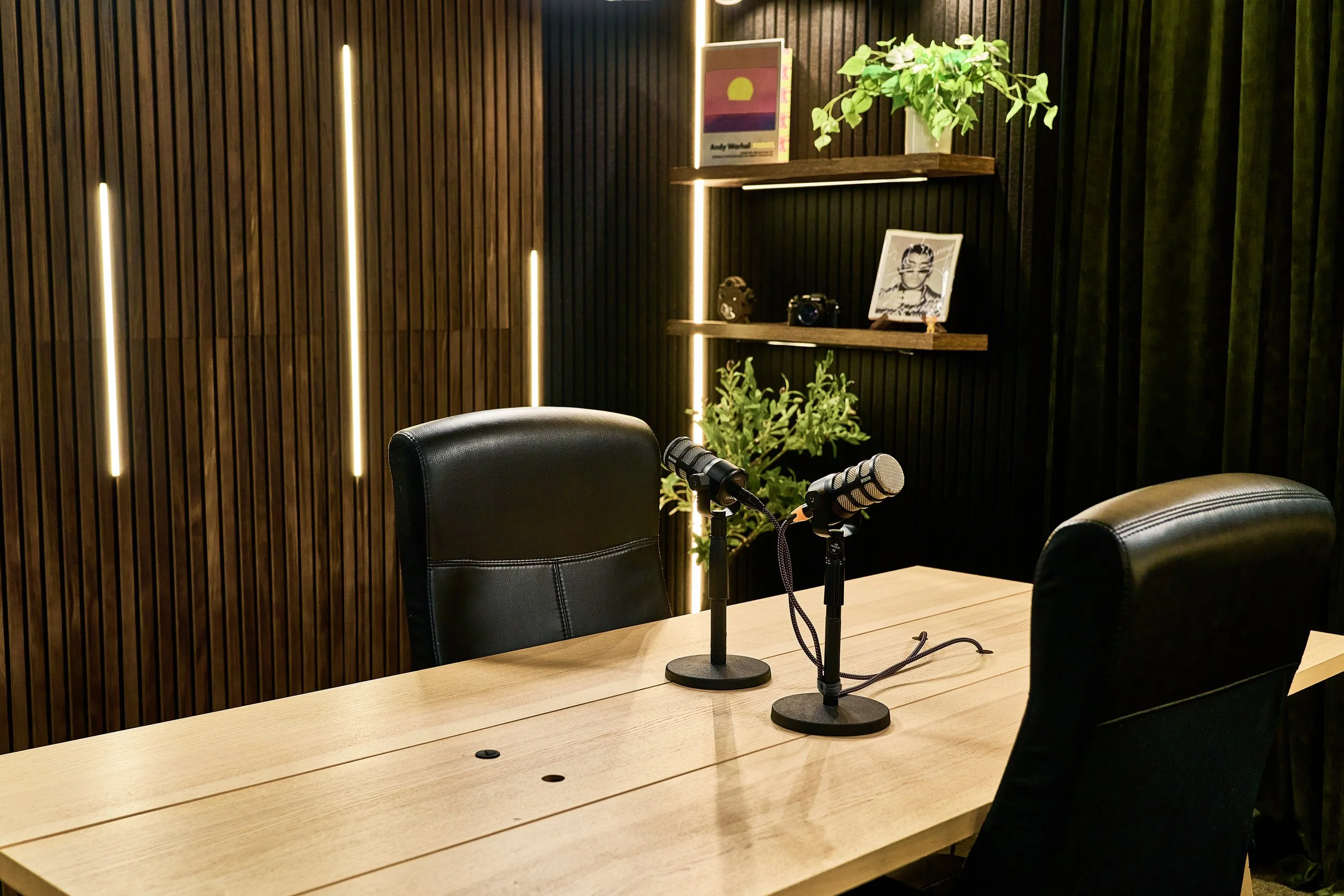 A recording studio with a wooden table, two microphones on stands, black leather chairs, a dark wood wall with vertical lighting accents, and shelves with books, framed art, cameras, and plants.