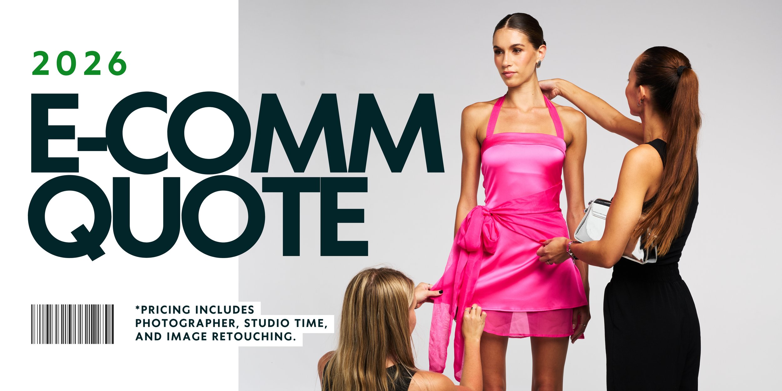 Fashion photoshoot of a woman in a pink dress with two stylists adjusting her outfit.