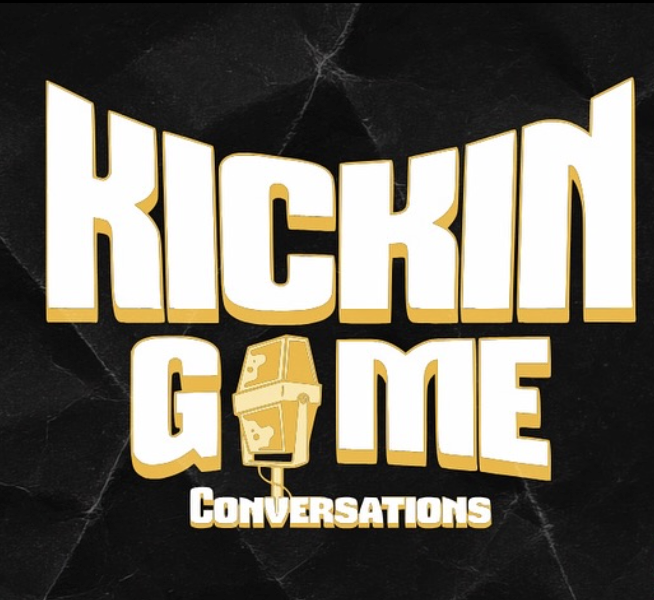 Logo for 'Kickin' Game Conversations' with bold yellow and white text on a black background, featuring a microphone with a gold and white design.