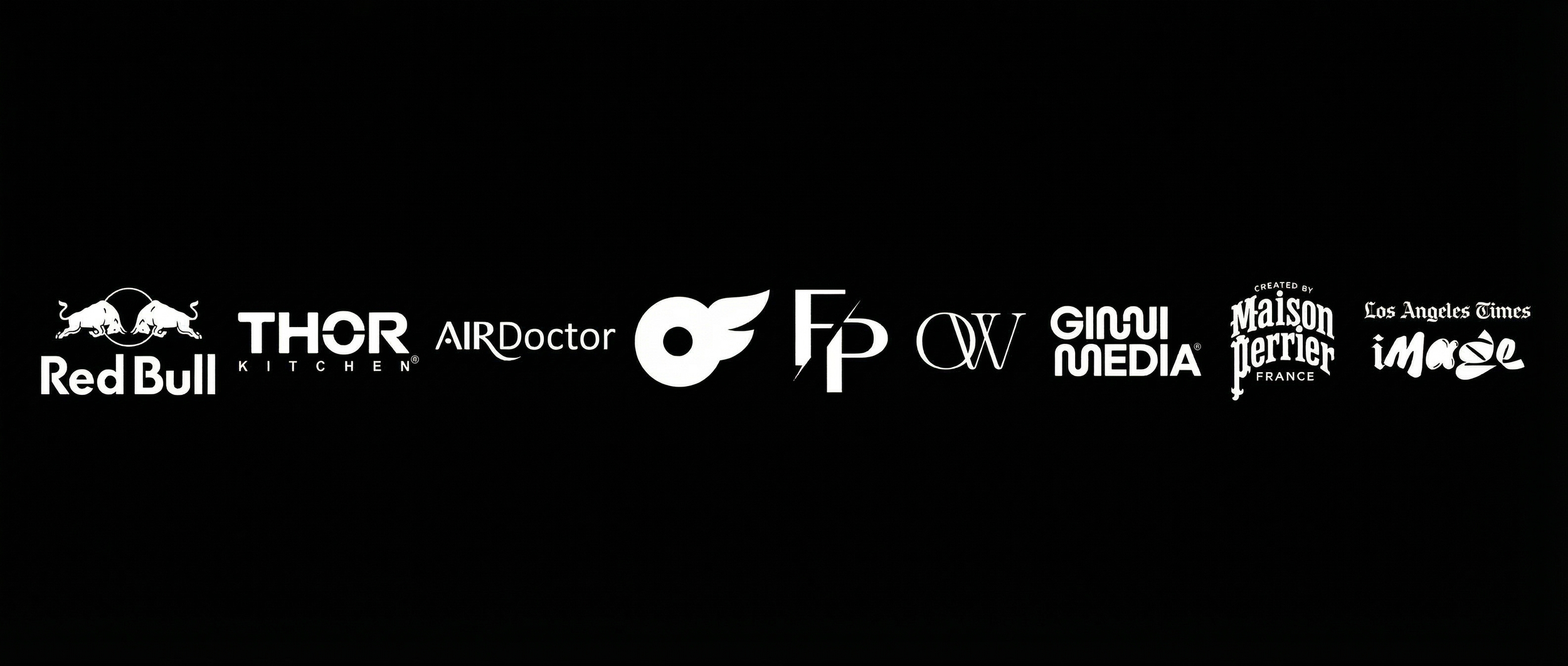 Collection of logos and brand names in white on a black background, including Red Bull, Thor Kitchen, AIR Doctor, a flame icon, FP, a Greek letter symbol, GICUI Media, Maison Perrier France, and Los Angeles Times Image.