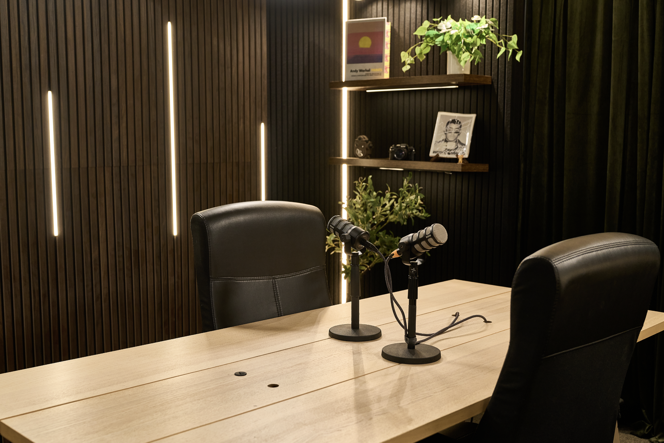 A podcast recording studio with a wooden table, two microphones on stands, black leather chairs, a dark wood-paneled wall with vertical lights, a bookshelf with decor and photos, and a potted plant.