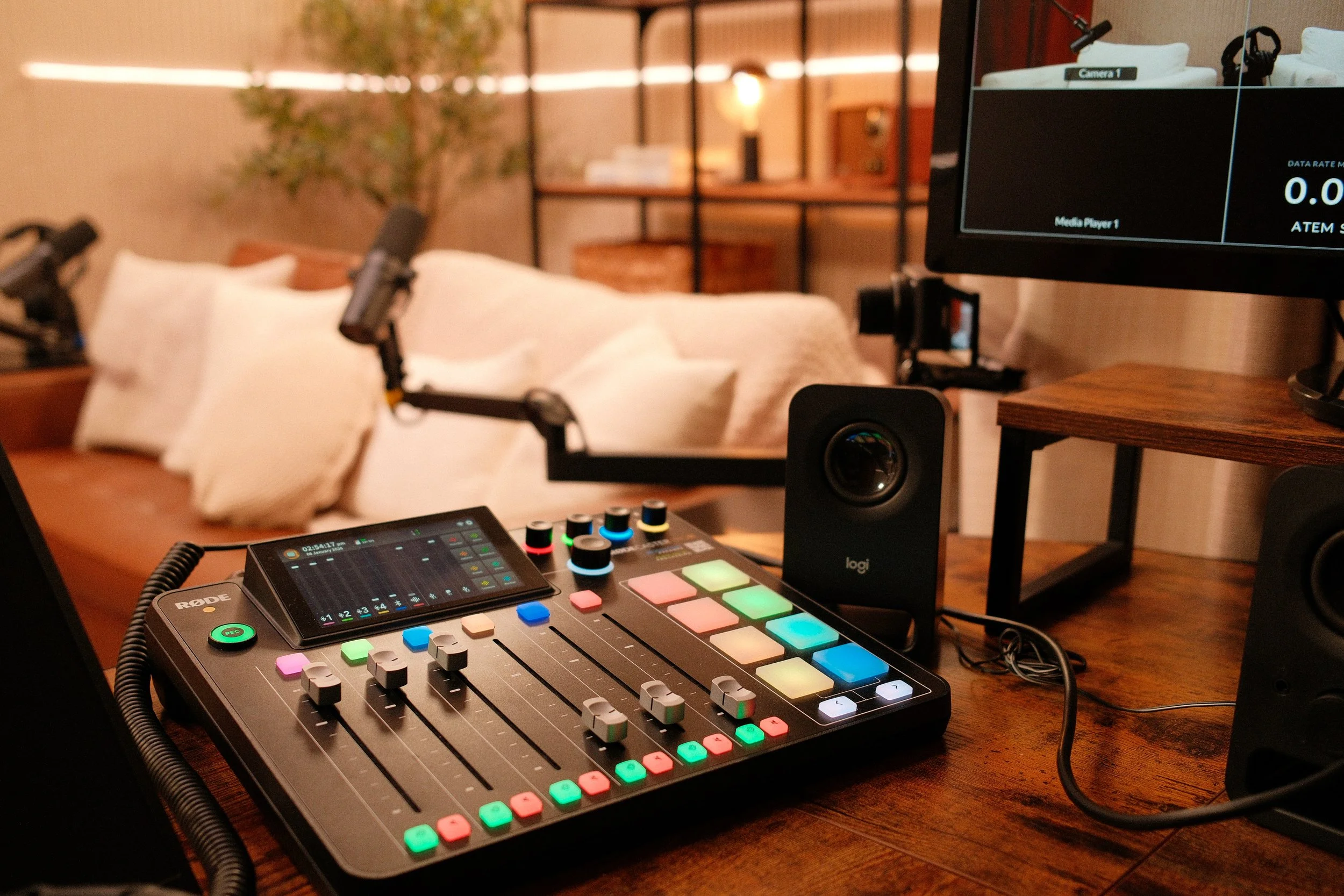 Recording studio setup with a mixing console, monitors, microphone arm, and a computer monitor, in a cozy room with a couch and pillows in the background.