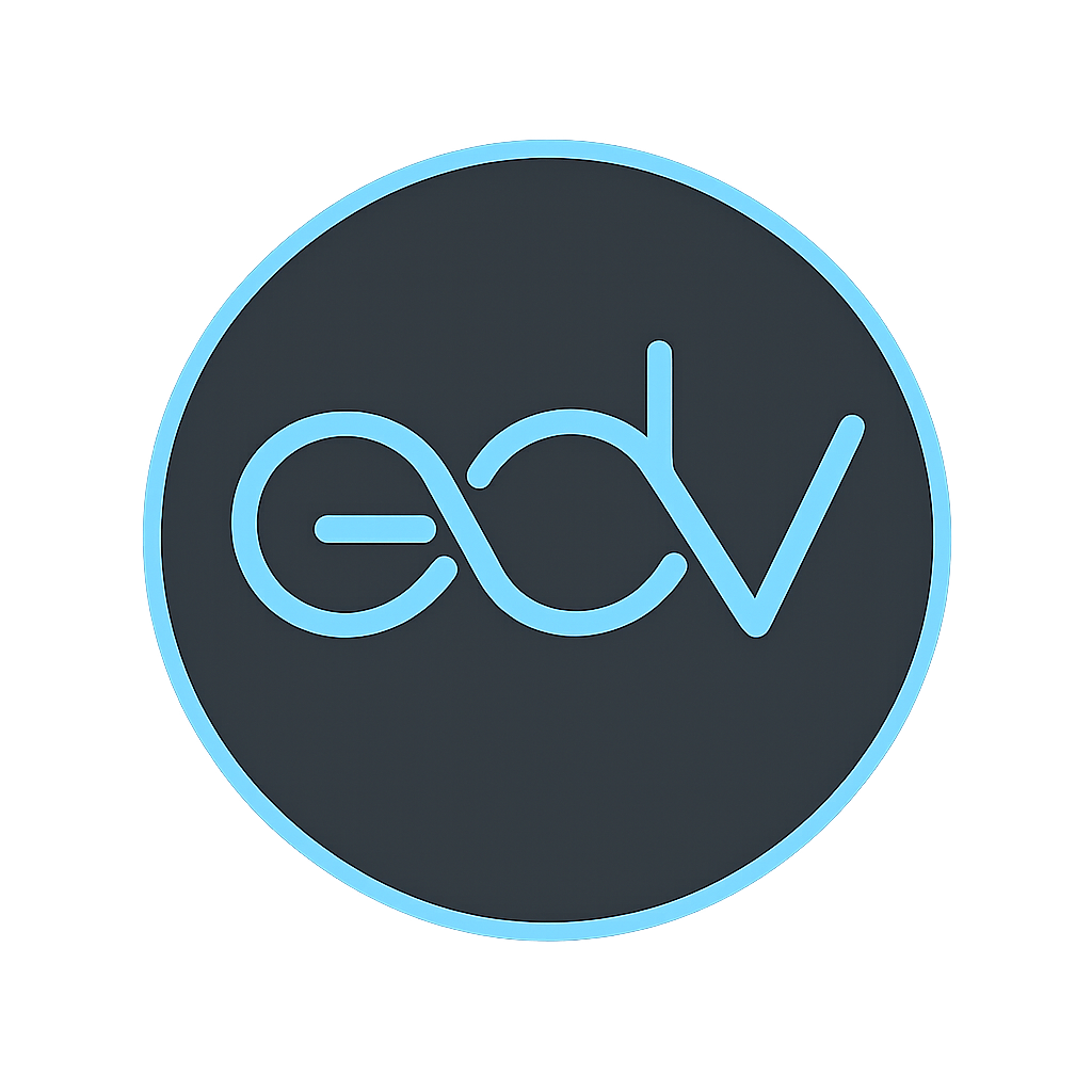 Neon sign displaying the word 'edv' in light blue with a glowing effect