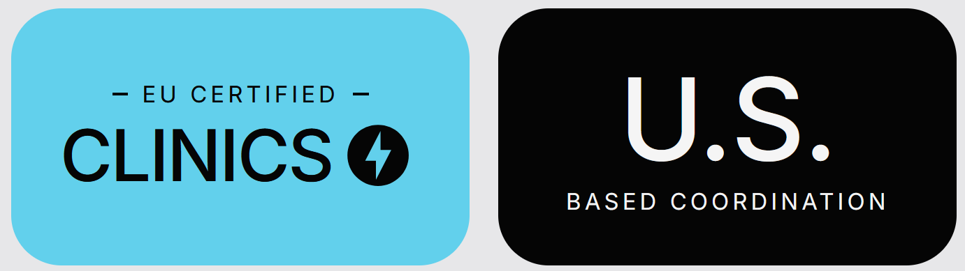 Logos with text reading 'EU CERTIFIED CLINICS' on a light blue background and 'U.S. BASED COORDINATION' on a black background.