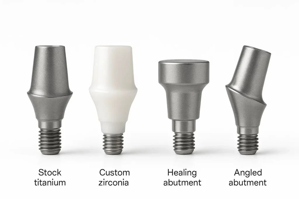 Four dental implant abutments with different designs, labeled as Stock titanium, Custom zirconia, Healing abutment, and Angled abutment.