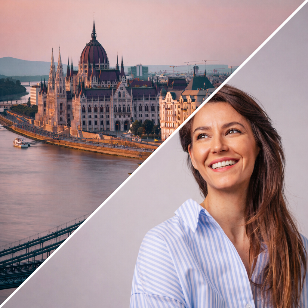 Split image showing the Hungarian Parliament Building on the Danube River at sunset, and a woman smiling in front of a plain background.