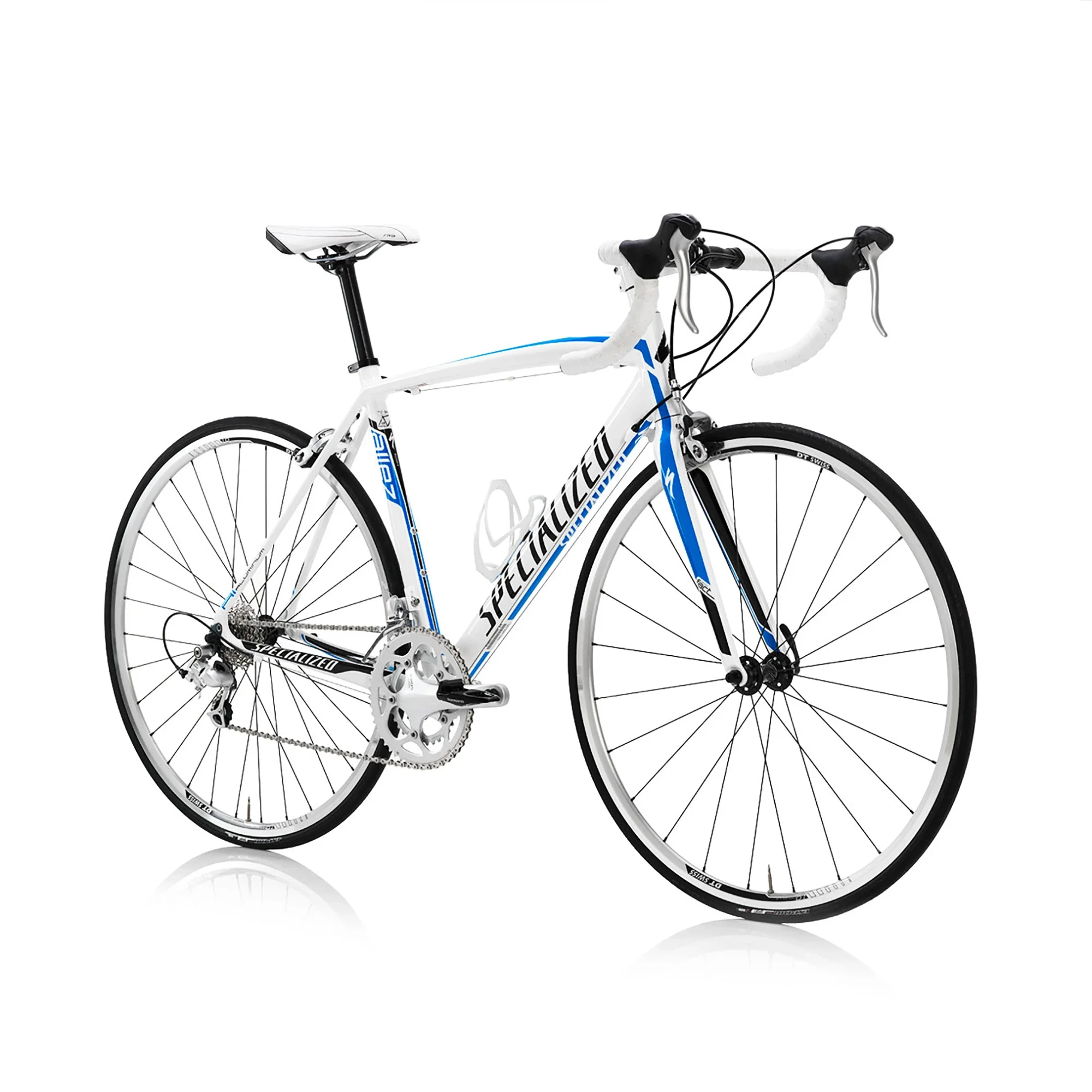 A white and blue Specialized road bicycle with drop handlebars and thin tires.