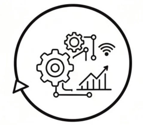 Line drawing of gears, a Wi-Fi signal, and an upward-trending graph within a circle, representing technology and data analytics.
