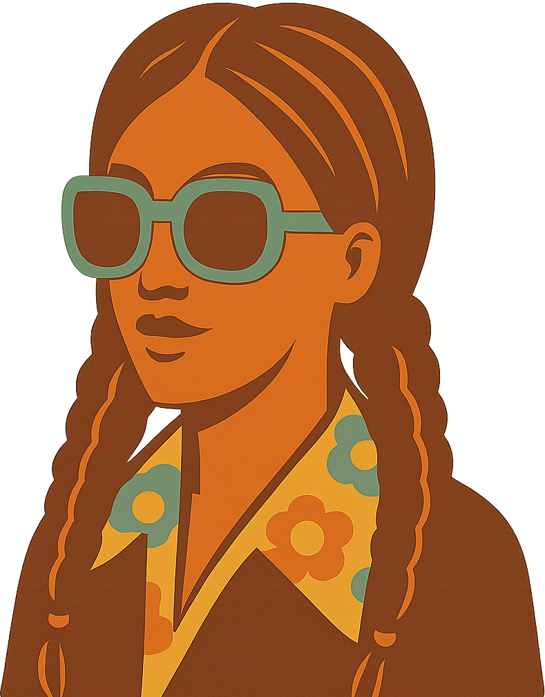 Illustration of a woman with long hair, wearing large sunglasses, a floral shirt, and a jacket.