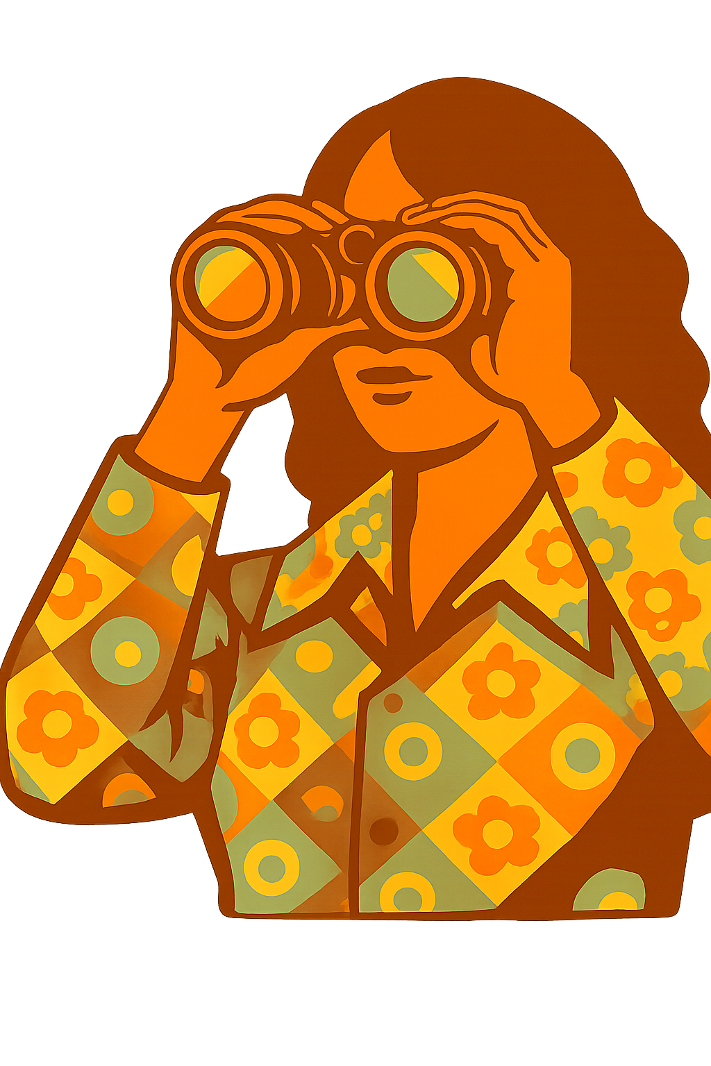 A digital illustration of a woman looking through binoculars, wearing a colorful, patterned shirt with flowers and circles, with a background glowing in warm tones.