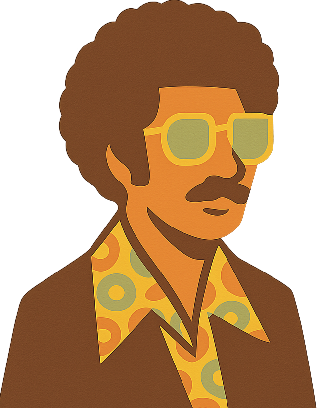 Illustration of a man with curly hair, mustache, wearing large yellow glasses, a brown jacket, and a colorful shirt with a circular pattern.