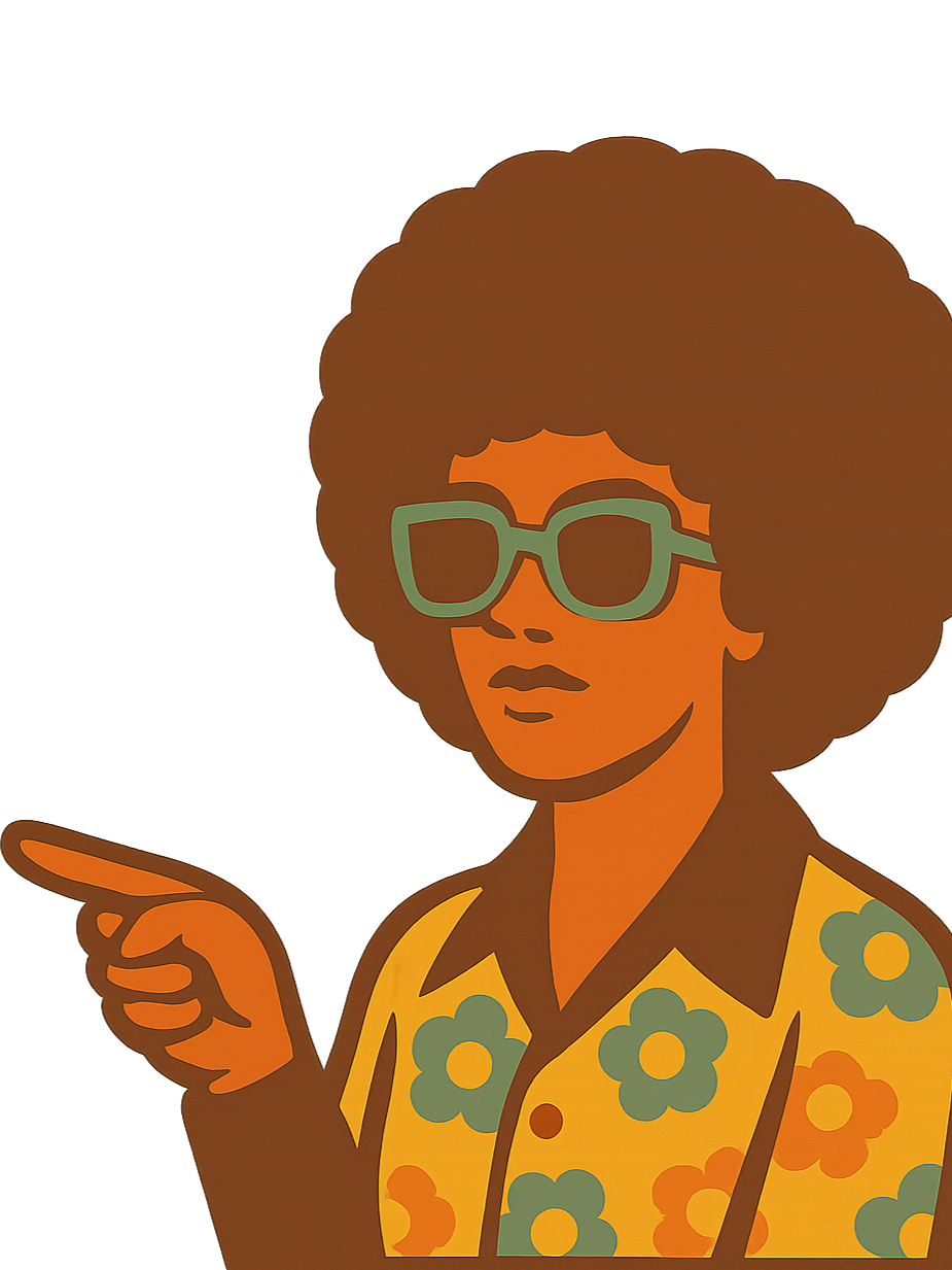 A woman with an afro hairstyle, wearing large glasses, a floral shirt, and pointing with her right hand.