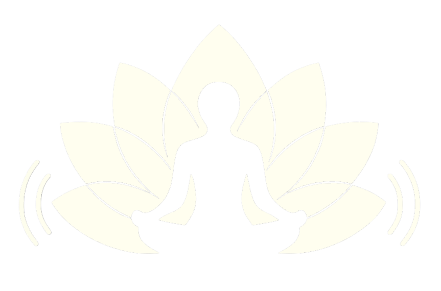Silhouette of a person meditating in a lotus position with a large flower behind them, surrounded by wave-like lines.