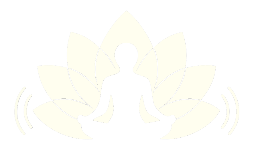 Silhouette of a person in a meditative pose surrounded by a lotus flower and calming wave symbols.