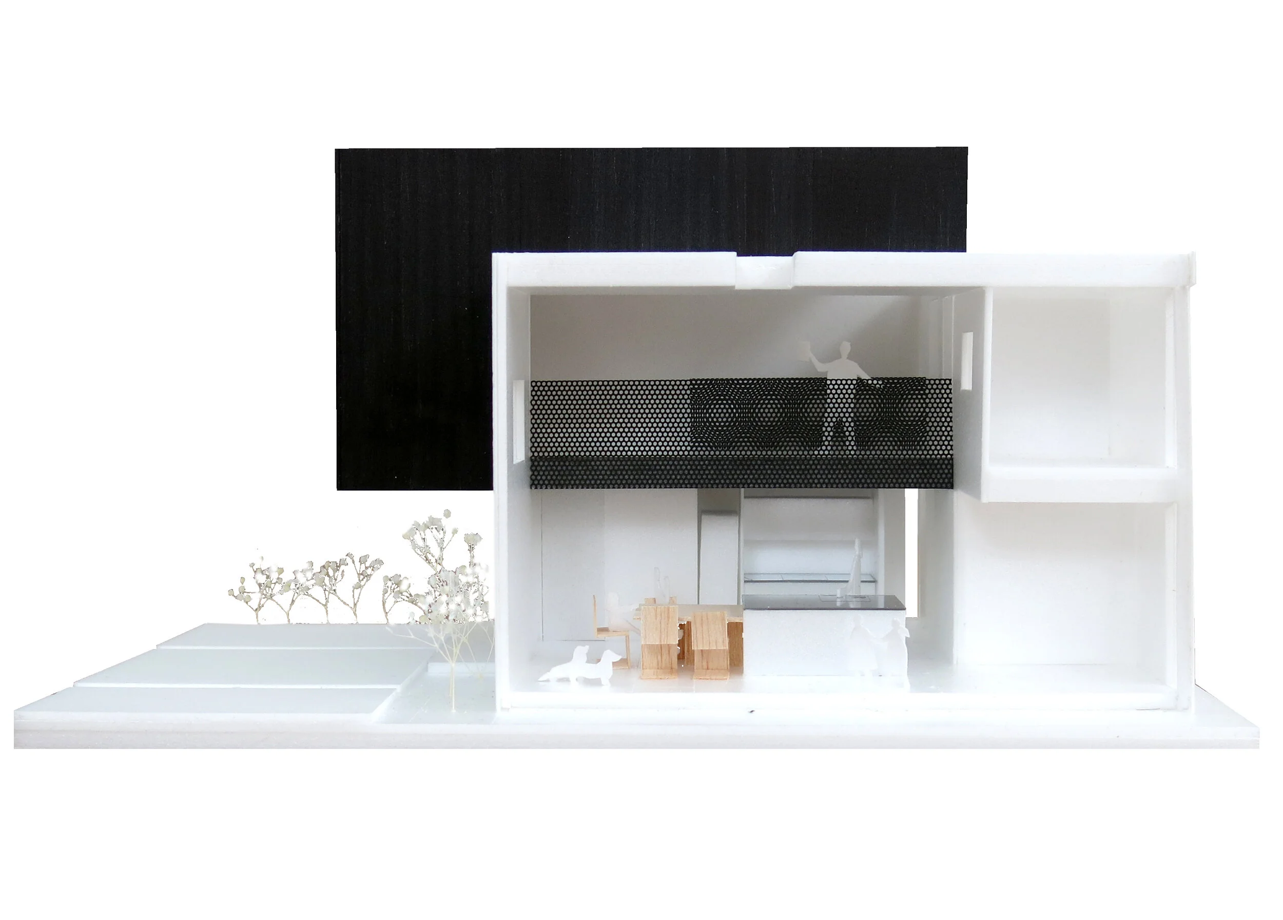 S邸 2019年 二つの長細い箱をずらすことで小さい土地の中にダイナミックな空間を可能としました。