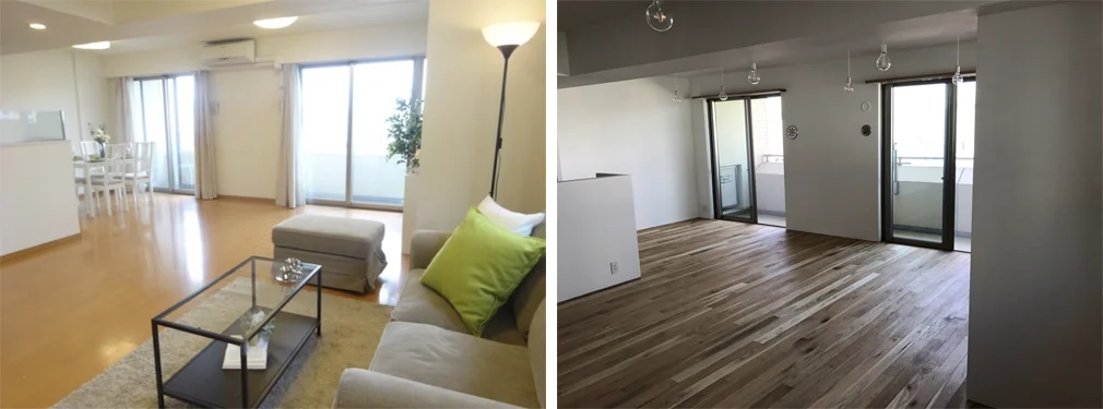 光沢のある塗装を施した木目調のフローリングから一転して無垢のロシアンウォールナットを採用。落葉樹だけど針葉樹くらい柔らかい材種なので足も疲れないし、お子様にも優しいです。 