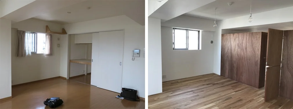 窓の上には梁があるため、そのでっぱりをなくすことはできないのですが、それ以外は整理してなるべく空間内の線を減らすようにしました。既存の壁を取り払い、家具を置いて主要用途を区切っています。 