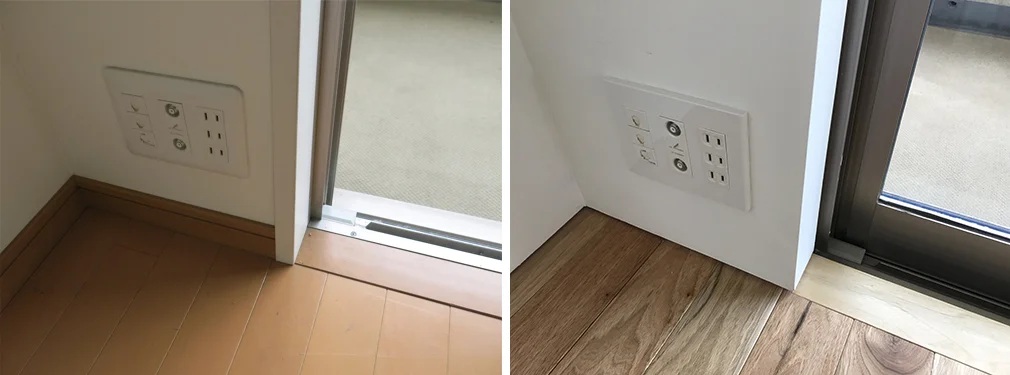 巾木は浮き巾木に変更しました。また、電気設備のプレートは全てスクエアプレートに変更。窓枠はなくし塗装のみこみで仕上げています。 