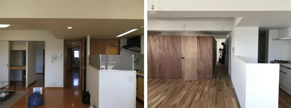 天井はあげられるとこをなるべくあげました。水周り機能を収めた白い壁に囲まれたエリア以外は全て高い天井になっています。風通しのいい家がテーマなので家具の高さは天井よりも低い位置で。フォトグラファーさんも写っちゃいましたね。 