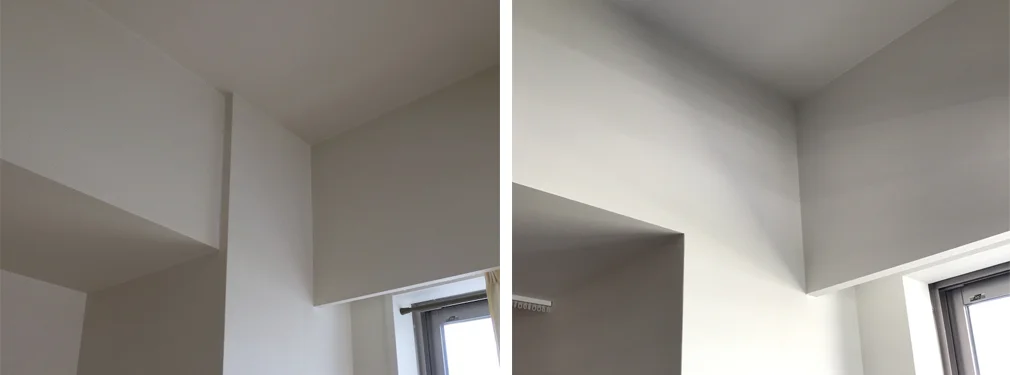 とても当たり前のように見えて当たり前のことがなされていない設計って多いです。マンションを設計するとき、どれだけ梁が目立たないようにするか、なぜ考えてくれないのだろうかとよく思います。今回はなるべく梁の存在をなくすために梁の面を壁と同面にしたり、他の家具や壁や扉のラインと合わせました。かなり地味な作業ですが、この積み重ねが空間のすっきりとした印象に繋がるか左右されます。 