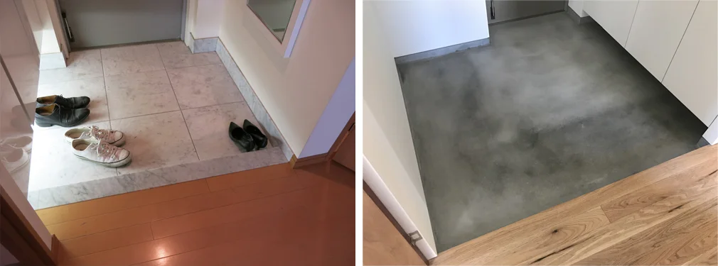 大理石の玄関をコンクリート土間に変更。そして玄関を拡張しました。 