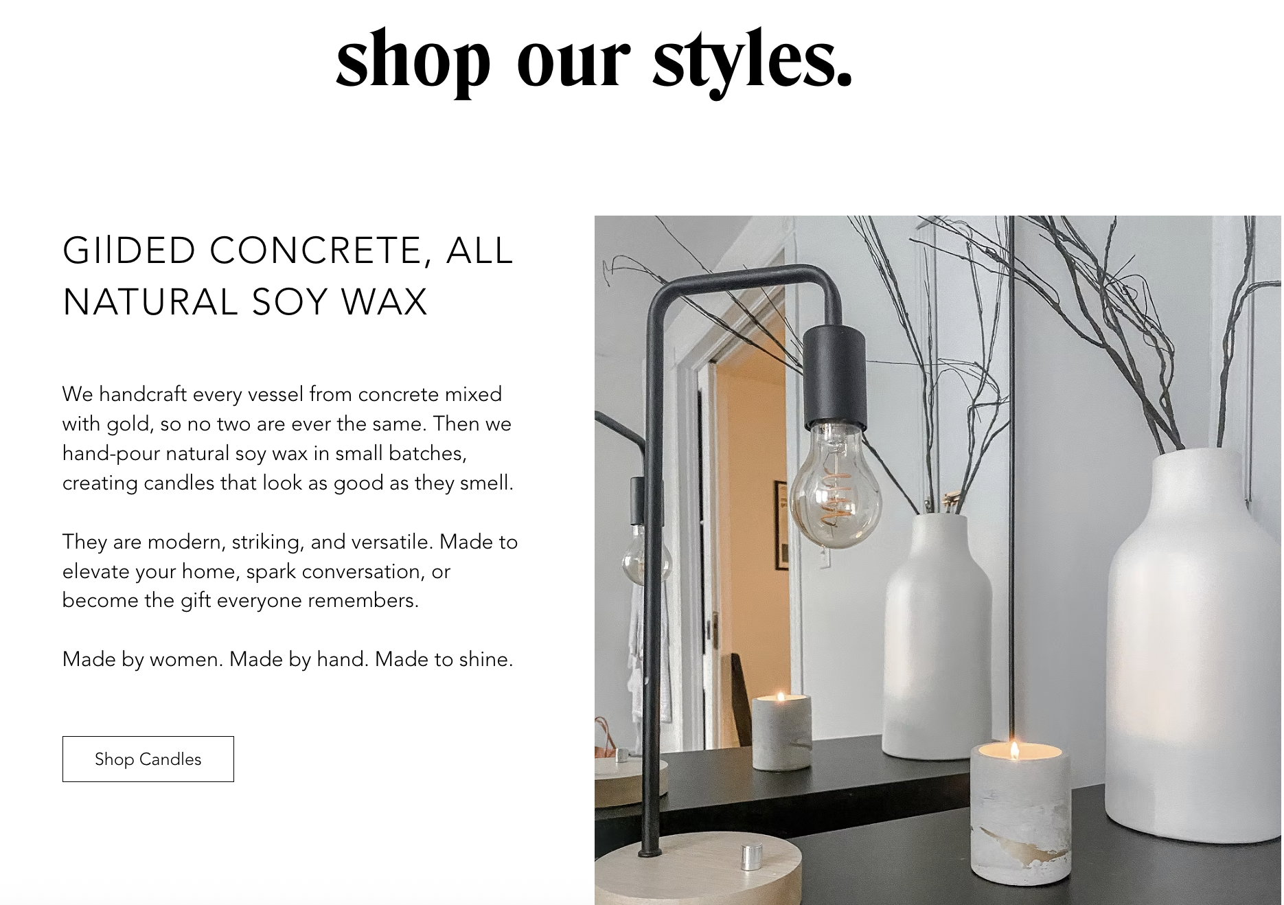 A webpage promoting hand-crafted soy wax candles, featuring a photo of three white vases, one candle, and a black metal lamp with exposed bulbs, alongside a text description about the candles and a "Shop Candles" button.