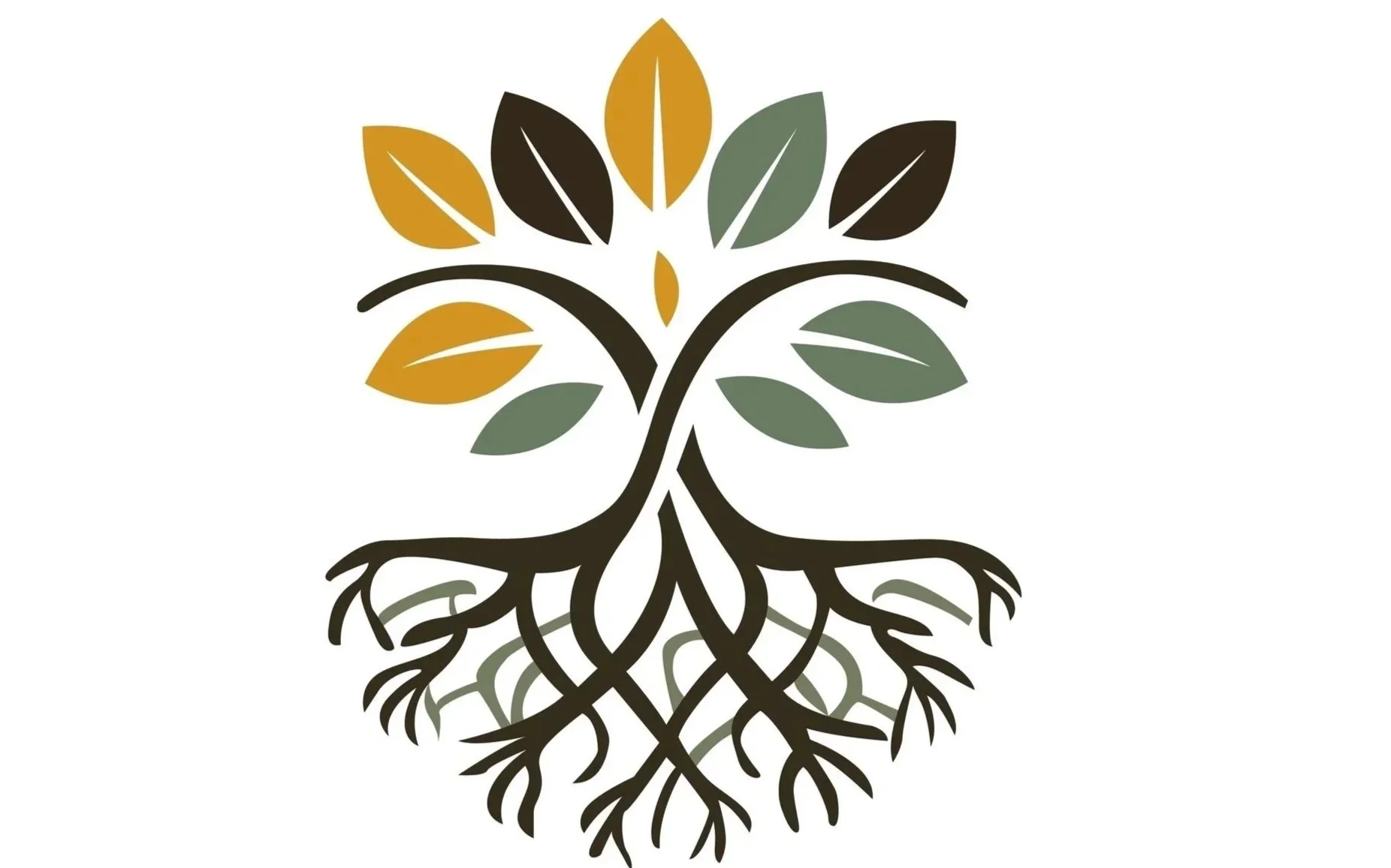 Stylized tree with black trunk and roots, green and yellow leaves