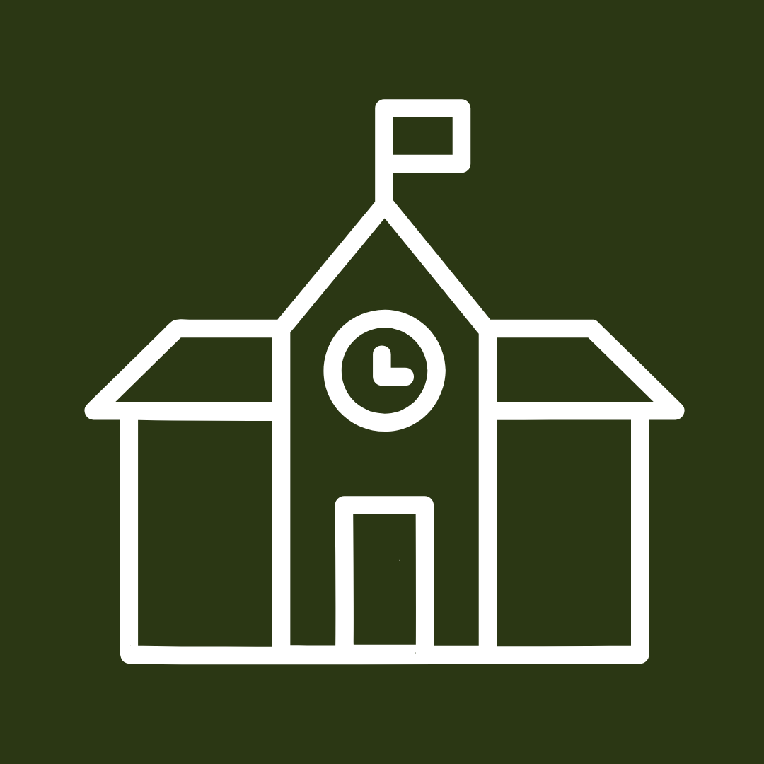 Outline of a school building with a clock and a flag on top, set against a green background.