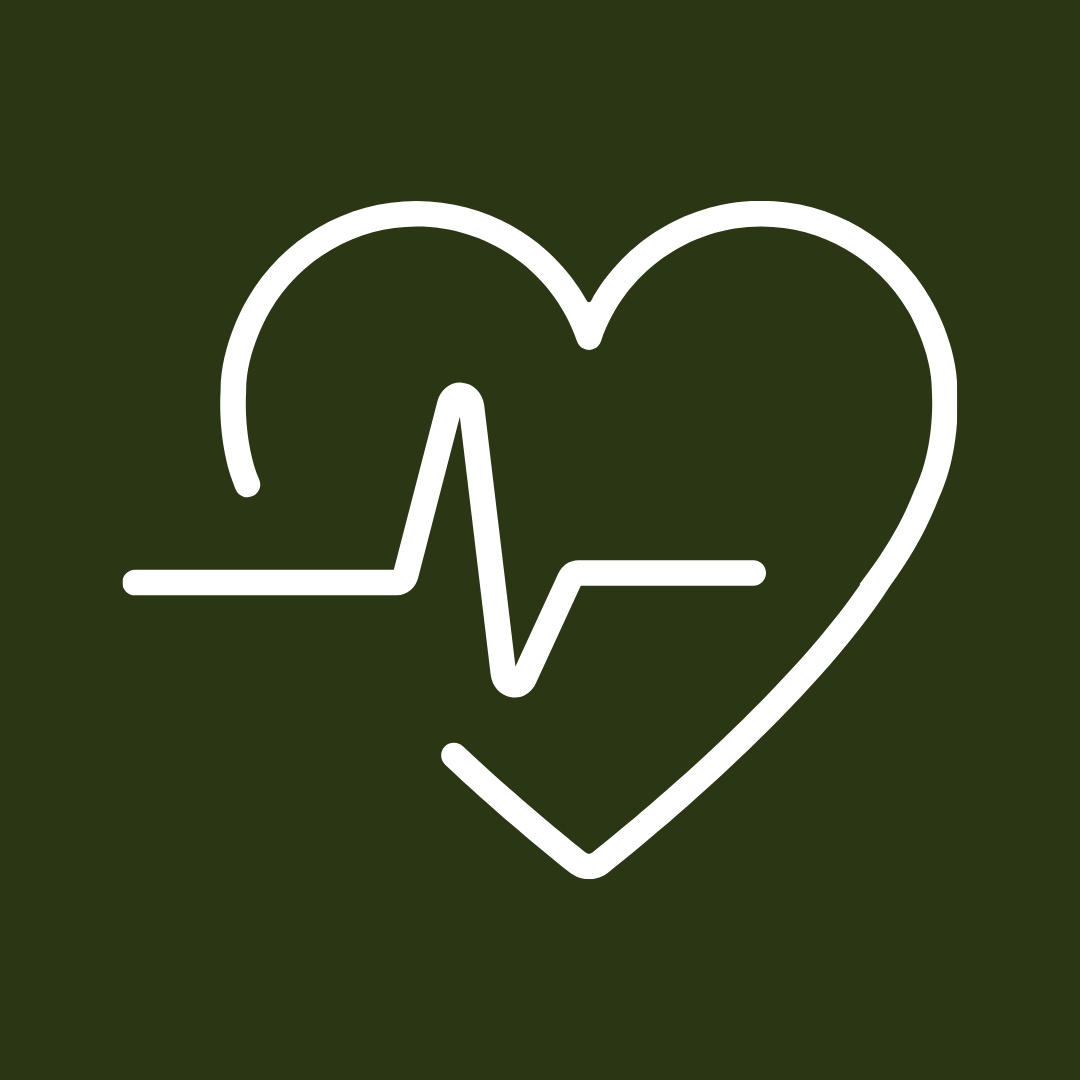 White heart with a heartbeat line inside, on a dark green background.