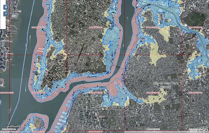 Map showing projected flood zones across New York City, including current FEMA flood zones and projected 2020s and 2050s sea level rise zones.