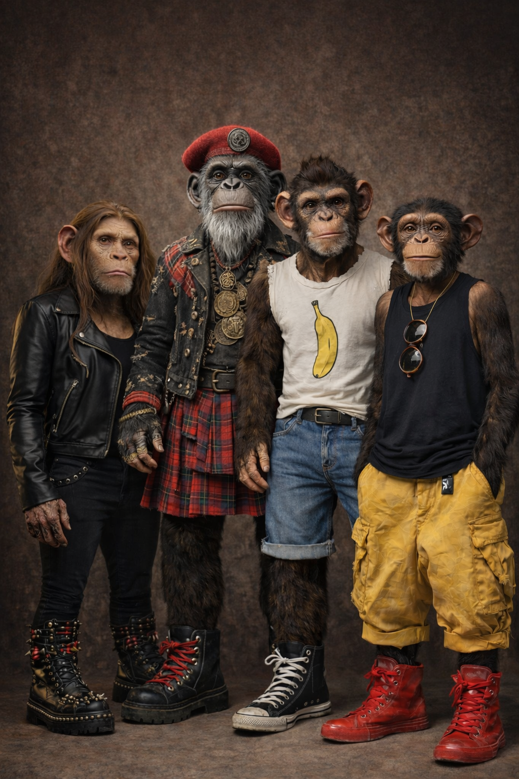Four people dressed in monkey costumes and clothing, standing against a brown background.