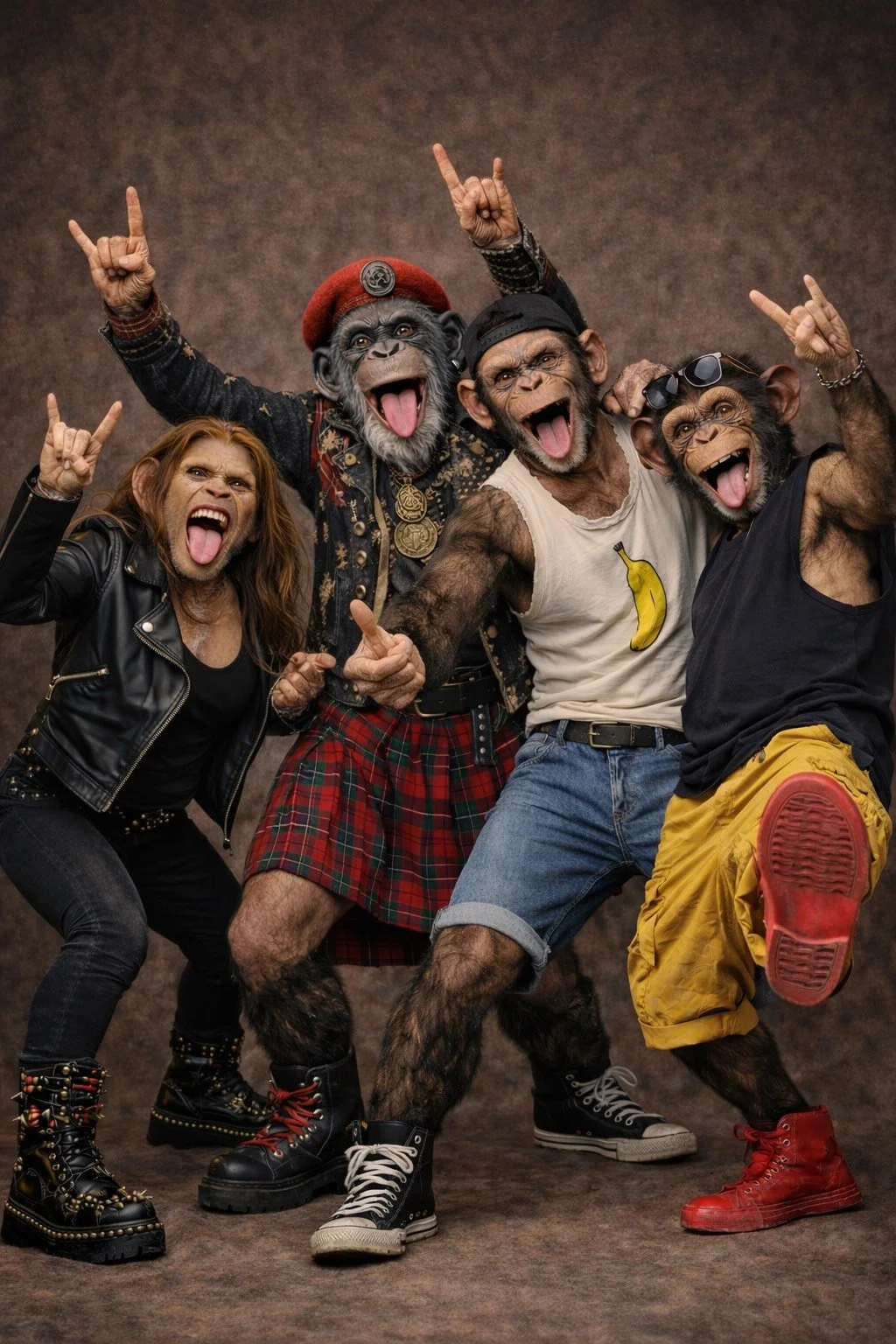 Five people dressed in gorilla costumes and accessories, posing with tongues out and making rock and roll hand gestures.