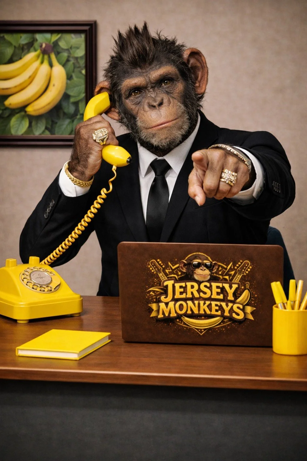 A person with a monkey face wearing a black suit, glasses, and jewelry, sitting at a desk with a yellow rotary phone, a yellow notepad, and a yellow cup holding pens. The person is holding the phone to their ear and pointing at the camera. There is a laptop with "Jersey Monkeys" logo featuring a monkey with sunglasses on the desk and a framed picture of bananas on the wall.