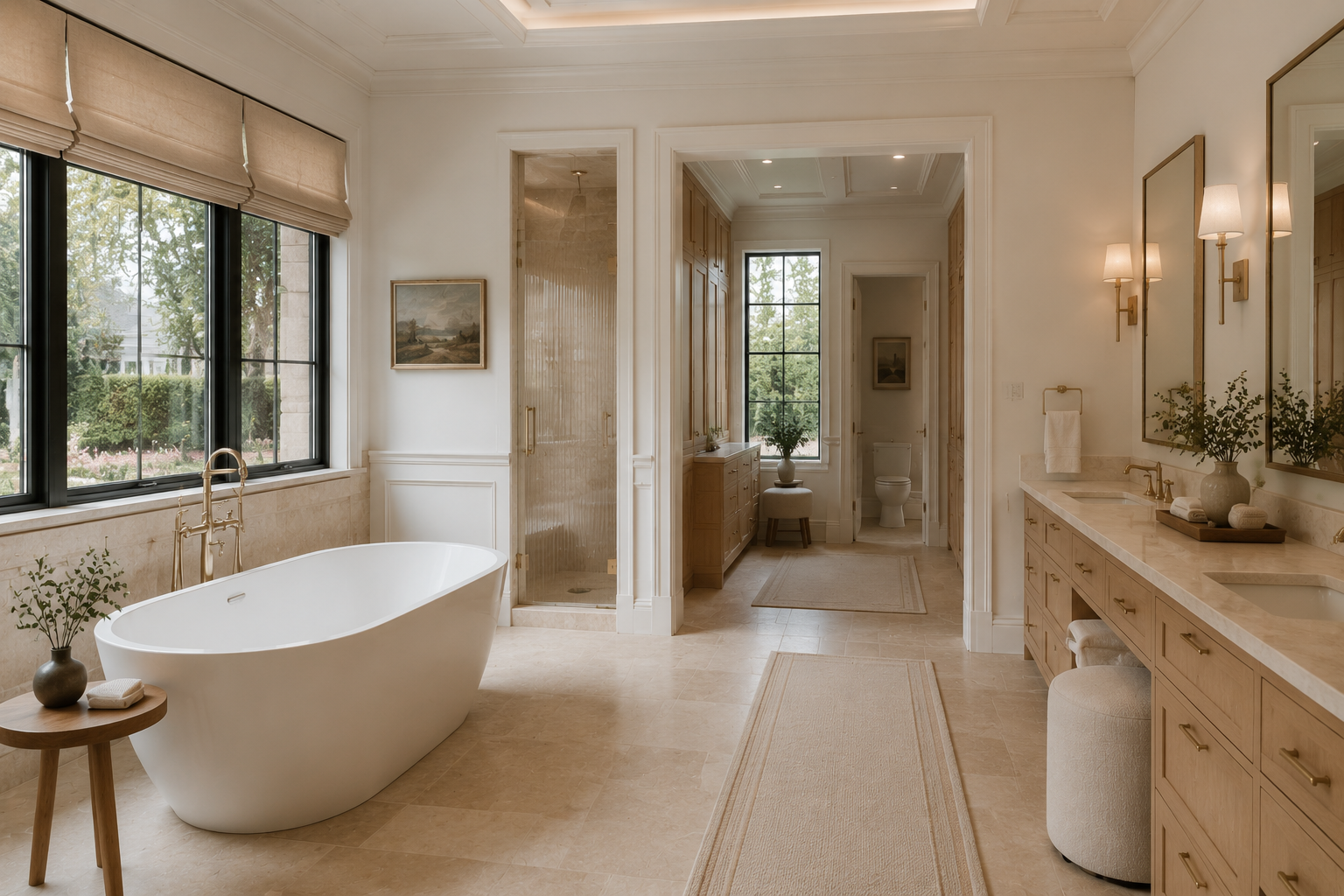 A spacious bathroom with a freestanding bathtub next to large windows, a vanity with two sinks, and a walk-in shower with glass doors. The bathroom has beige tiles, light-colored walls, and modern lighting fixtures.