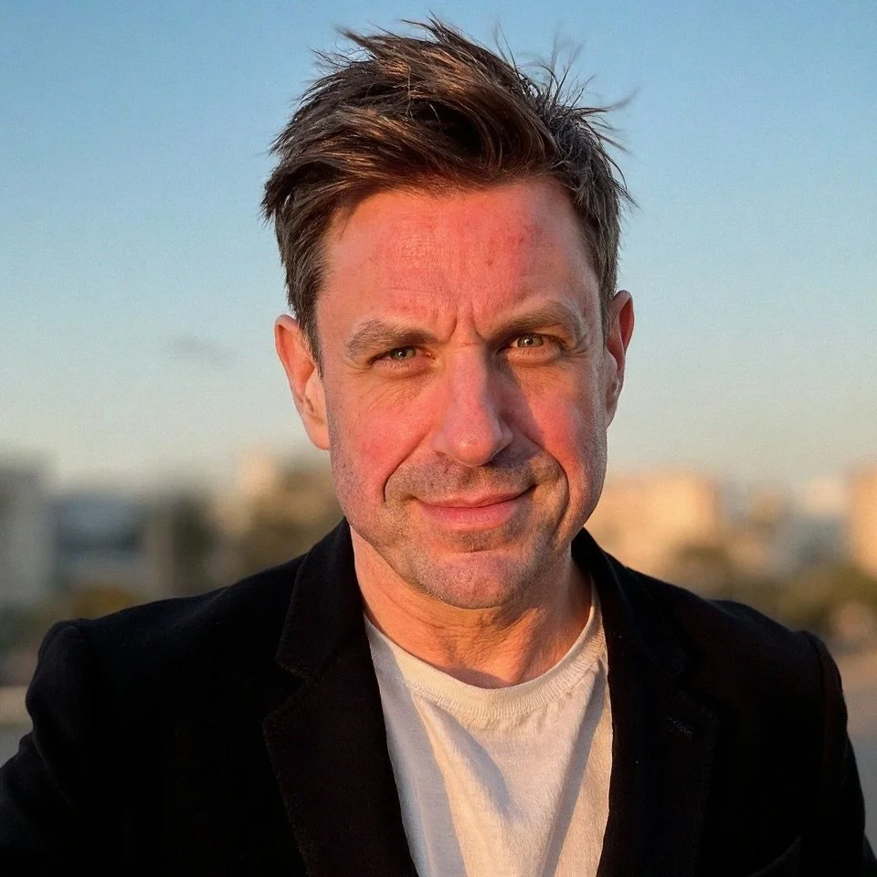 A man with short brown hair and a slight smile, wearing a black blazer over a white shirt, is outdoors during the golden hour with a blurred city skyline in the background.