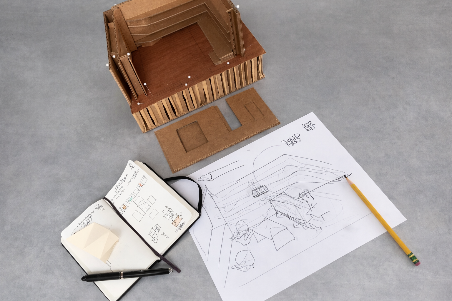 A miniature architectural model made of cardboard and wood, with sketches and notes on paper and a notebook, along with a black pen and a yellow pencil, on a gray surface.